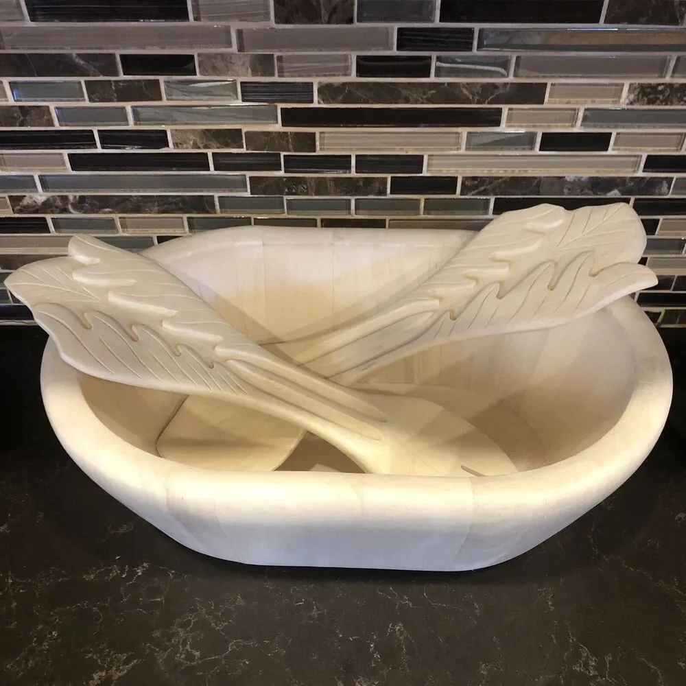 Pottery‎ Barn Medium Wooden Salad Bowl With Carved Tossers Decorative